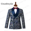 Gwenhwyfar hommes costumes 3 pièces 2019 Série de banquet d'automne Chrysanthemum Navy Blue Groom Men Tuxedos Double Breasted