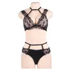 Lingerie érotique pour femmes, ensemble de soutien-gorge en cuir PU et dentelle, noir, Sexy, soutien-gorge Transparent, culotte ajourée, sous-vêtements