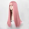 Pruik met pony synthetisch recht haar 24 inch lange hittebestendige roze pruik voor vrouwen