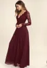Burgundy Şifon Nedime Elbise Uzun Kollu Batı Ülke Tarzı V Boyun sırtsız Uzun Plaj Dantel Üst Düğün Partisi Elbise