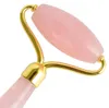 Natural caçou Chakra Rosa Quartz esculpida Reiki Crystal Cura Gua Sha Beauty Roller Facial Massor Stick com liga - banhado a ouro