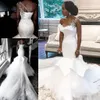 2020 Mermaid Dresses One Shoulder Satin Tulle Cathedral Train Lace Applique Ruffles Custom Made Wedding Bridal Gown