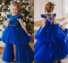Royal Blue Little Girls Pageant Party Jurken 2020 See Through Lace Back Ruches Cap Sleeves Tiered Hi-Lo Princess Flower Girl Dress Al4183