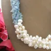 Handmade beautiful 4strands aquamarine white freshwater cultured pearl shell button flowers necklace5-6mm long 45cm
