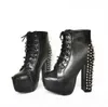 Punk Style Black Leather Spikes Lace Up Platform Ankel Boots Round Toe Chunky Heels Party Club High Heels Short Boots Skor