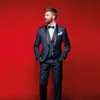 Navy Blue Wedding Tuxedos Slim Fit Suits voor Mannen GroomsMen Pak Drie stukken Goedkope Prom Formele Pakken (Jas + Broek + Vest + Strikje)