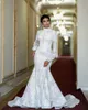 Muzułmańskie skromne sukienki syrenki Wysokie szyję Długie rękaw Pełna koronkowa sukienka ślubna