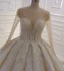 Luxe Baljurk Trouwjurken Lange Mouwen Jewel Neck Kralen Applicaties Kant Arabische Bruiloft Bruidsjurken Crystal Vestidos De Novia