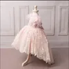 Yeni Popüler Prenses Elbise Yüksek Düşük Çiçek Kız Elbise Jewel Boyun Boncuk Yay Tüyler V-geri Custom Made Pageant Törenlerinde