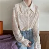 Nakış Dantel Çiçek Bluz Ruffles Flare Kol Gömlek Üst Kadınlar Vintage Tasarım Fantezi Chemise Femme Renda Blusa Mujer Camisa