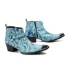 Designer Winter Shoe Geothe Cuir Match à la cheville Bleu Metal Square Toe Cowboy High Heel Party Men Formal Men Boots B