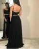 Tvåbitar Svart Prom Klänning Spaghetti Straps Appliques Crop Top Long Chiffon Party Dresses Woman Vestido de Festa