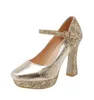 Varm försäljning-stor liten storlek 32 33 till 40 41 42 43 Guld Silver Sequined Designer Heels Fashion Thick High Heels Bridal Bröllopsskor