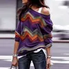 Fashion-Plus Size Women One Shoulder Hoodie Sweatshirts Casual Striped Long Sleeves Pullover Tops Autumn Sprint Loose Lady Tops