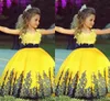 2022 Navy Yellow Lace Flower Girl Dresses Scoop Cap Sleeve Ribbon Bow Ball Gown First Holy Communion Dress Little Girls Pageant Dresses