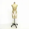 2020 골드 레이스 Applique 칵테일 파티 드레스 겉옷 깎아 지른 모자 슬리브 라운드 넥 라인 지퍼 공식 드레스 여성 이브닝 가운 댄스 파티