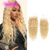 613# Deep Wave 4*4 Lace Closure Brazilian Hush Hair 4 by 4 Closure Blonde Color Curly Middle Three Part Free