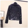 New fashion women''s long sleeve turn down collar PU leather patched paillette shinny bling luxury short jacket coat S M L XL