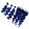 Brésilien Body Wave Dark Blue Weave Human Hair 3Bundles avec Frontal Blue Color Wavy Virgin Hair Extensions avec Full Lace Closure 13x4"