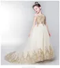 Pullu Tül Kızın Pageant Elbise Doğum Günü Partisi Elbise Altın Dantel Çiçekler Kız Prenses Elbise Uzun Sonraki Çocuklar İlk Communion Elbiseler