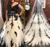 Sexy Black Lace White Tulle Wedding Bridal Dresses gown A line Off the shoulder with sleeves retro Court Train Wedding Gowns