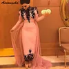 Pink Muslim Evening Dresses 2018 Sheath high neck Long Sleeves Appliques Lace Formal Islamic Dubai Saudi Arabic Long Prom Evening Gown