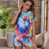 Femmes Ensembles Tie Dye Multicolore Deux Pièces Slim Outfit Set Basic Tshirt Shorts Tenues Décontractées Lounge Wear Femme Set1