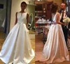 Simple A Line Wedding Dresses Bateau Neck Sleeveless Keyhole Backless Bow Sweep Train Satin Country African Bridal Gowns 78