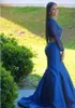 Casais moda azul real vestidos de baile duas peças 2023 nova sereia decote alto mangas compridas frisado preto menina vestidos de festa 889