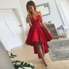 Rote High Low Arabic Prom Dresses 2019 Sexy Spaghetti Spitze Satin Abendkleider Rüschen Günstige Cocktail Party Kleid