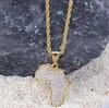 18k Gold Plated Iced Out Africa Map Pendant Stainess Steel Necklace with 3mm 24inch Rope chian