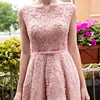 Fashion Bateau Lace Bodice Gown Bridesmaid Dresses Maid of Honor Beach Cap Sleeves Tea-length Lace-up Back