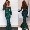 Sexy Goedkope Bling Emerald Green Avondjurken Slijtage Shoulder Slobined Kant Lange Mouwen Mermaid Floor Lengte Pailletten Party Prom-jassen