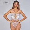 Yiduo Noir Blanc Rose Rouge Strappy Lace Up Sexy Bodysuit dos nu Jumpsuit femmes corps tulle transparent dentelle coupe-circuit Push Up Bodys