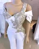 White Prom Jumpsuit with Crystal Detailing and Detachable Side Peplum Tail Off shoulder Mermaid Evening Gown Pant Suit296t