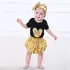 Детская одежда набор 3 шт. Черные хлопковые Rompers Golden Rugle Bloyers Новорожденные детская одежда набор повязки с длинными рукавами