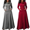 Women Maxi Dress With Pocket Casual Solid Long Sleeve Vintage Long Dress Bow Neck Elegant Warm Robe Female Vestidos