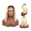 613 avec racine brune perruque cheveux humains 13x4 os droit dentelle frontale perruque brésilienne courte Bob perruques preplumed Blonde perruque pour femme