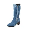 Hot Sale-kolano wysokie buty dla kobiet kwadratowe szpilki zimowe buty kobieta niebieski denim damskie butyczki udo botas mujer