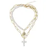 Luxusdesign Imitation Pearls Choker Halskette Weibliche Kreuz Anhänger Halsketten Für Frauen Mode Gold Münze Schmuck