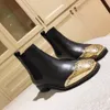 Hot Sale-2019 spring fall womens Ladies PATCHWORK Cowskin black suede REAL Leather Metallic gold cap toe short BOOTS