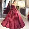 Sexy Dark Red Ball Gown Quinceanera Off The Shoulder Party Dresses Floral Sweet 16 Long Sleeves Lace-up Applique Pearls Beads Evening Gowns