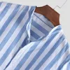 Mente à rayures Summer Henry Collar Coton et lin Short Short Shirt Casual Buttons Bleu