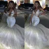 Glitter Gümüş Seksi V Boyun Mermaid Gelinlik Spagetti Kolsuz Afrika Uzun Kabarık Örgün Abiye giyim Mezuniyet Partisi Elbise BC3420