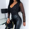 Fashion Sexy Beading Mesh See Through Low Cut Skinny Long Sleeve Women Blouse Sexy Tops and Shirt Long Sleeve Women Shirt