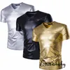 Glänsande guldbelagd metallisk T-shirt Män Caual V Neck Men T-shirt Nattklubb T-shirts Slim Hip Hop Tee Shirt Plus Storlek 2XL