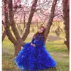 Nya Royal Blue Flower Girls -klänningar för bröllop Lace Applicques Långärmar Tiered Ruffles Ball Gown Birthday Children Girl Pageant Gowns 403