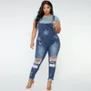 Kvinnor Casual Denim Bib Slim Pants Overalls Jeans Rand Demin Trouser Hole Zipper Jumpsuit #0225