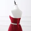 Abiti da ballo lunghi economici in tulle bordeaux con cintura in rilievo con paillettes Abiti da sera con corsetto senza spalline Con lacci sul retro Festa formale senior Dre1528338