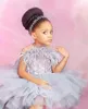 Gray Princess Flower Girls Dresses Tulle Lace Appliques Feather Sleeveless High Low Length Tiered Cheap Birthday Child Girl Pageant Gowns